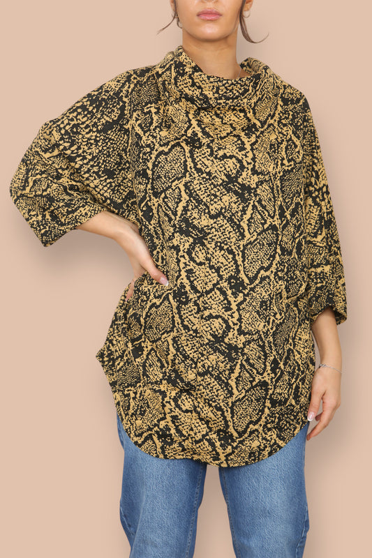 COWL NECK ANIMAL PRINT BATWING JUMPER MUSTARD