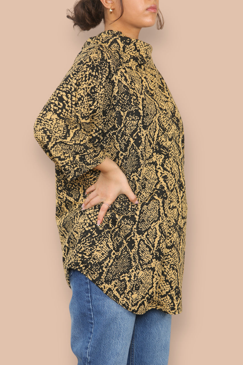 COWL NECK ANIMAL PRINT BATWING JUMPER MUSTARD