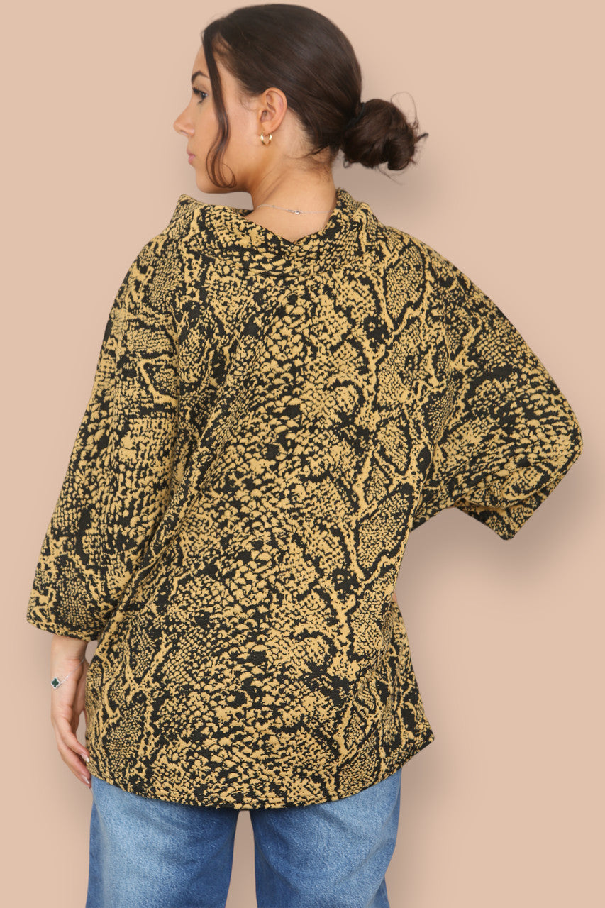 COWL NECK ANIMAL PRINT BATWING JUMPER MUSTARD