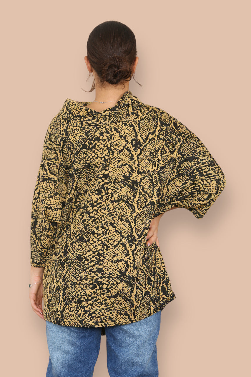 COWL NECK ANIMAL PRINT BATWING JUMPER MUSTARD