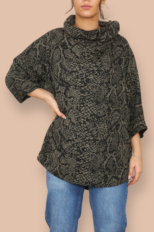 COWL NECK ANIMAL PRINT BATWING JUMPER KHAKI