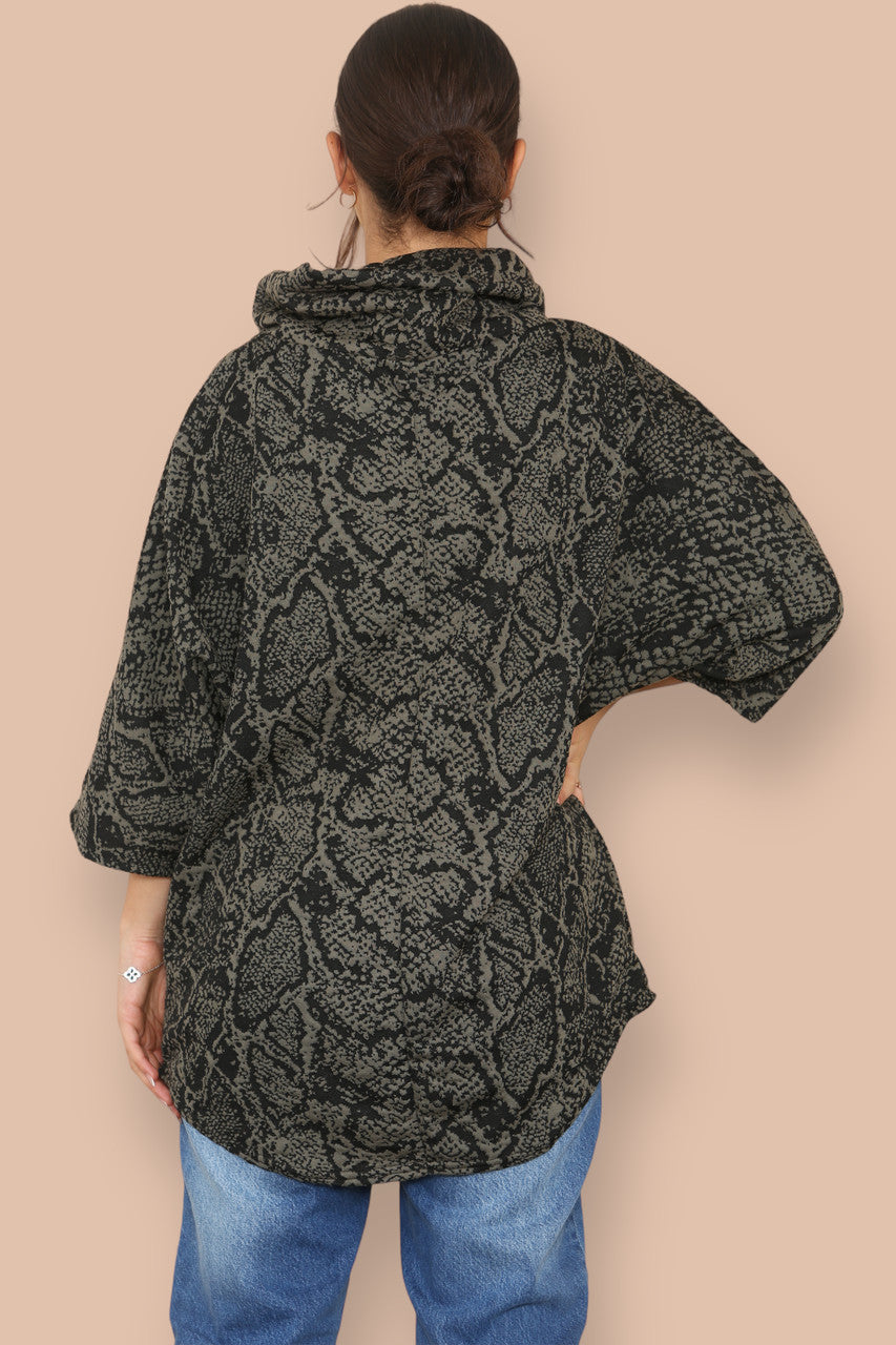 COWL NECK ANIMAL PRINT BATWING JUMPER KHAKI