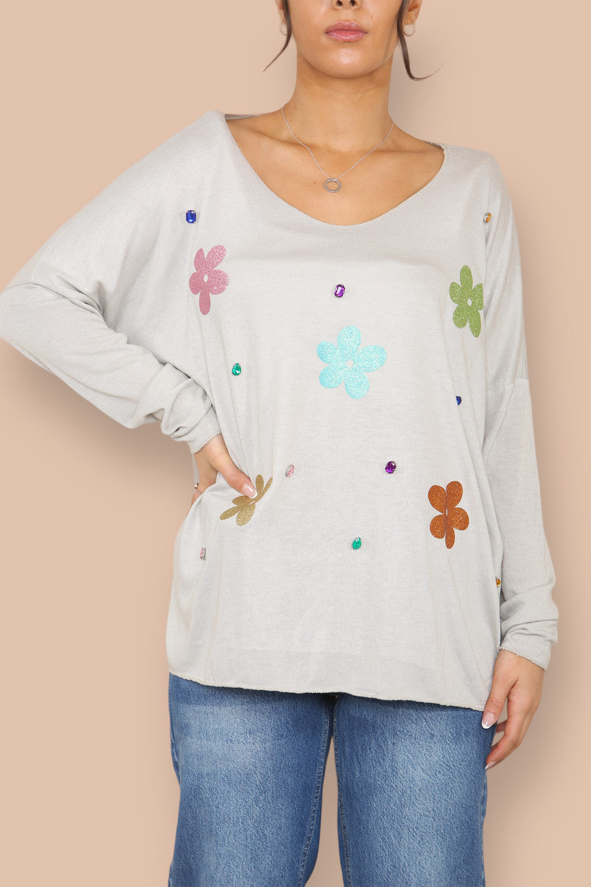 FOIL FLOWERS FINE KNIT JUMPER STONE