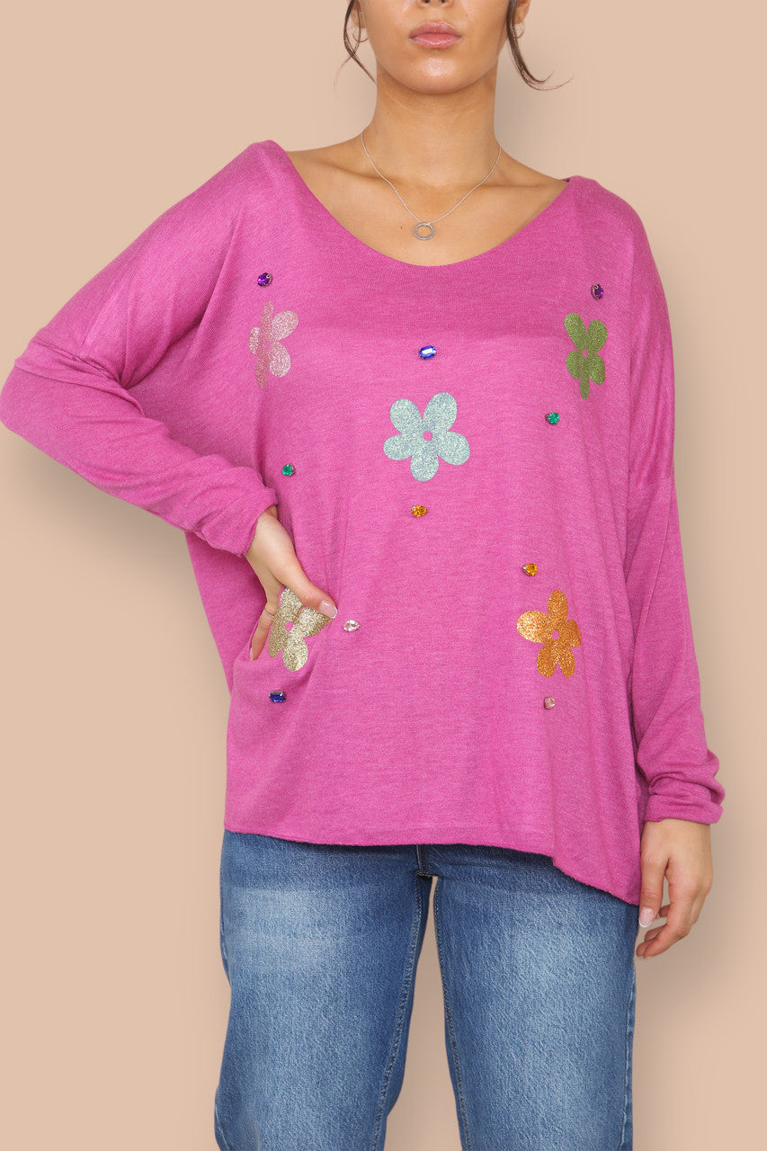 FOIL FLOWERS FINE KNIT JUMPER CERISE