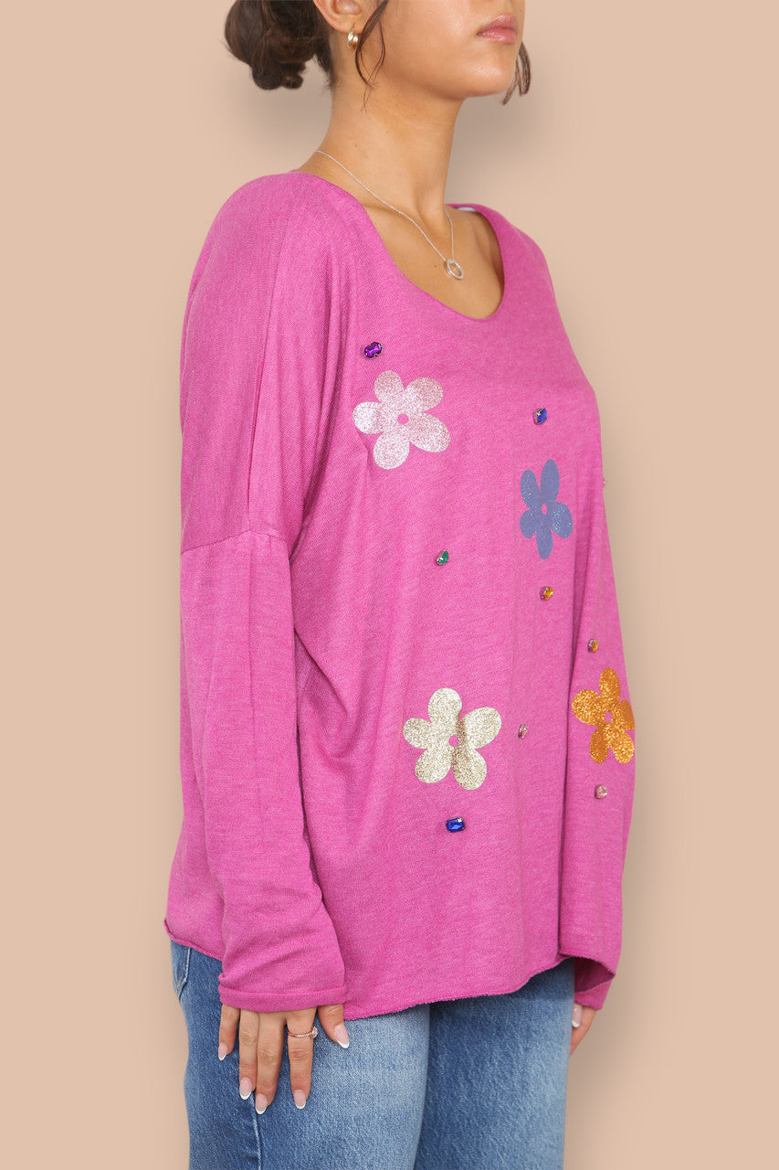 FOIL FLOWERS FINE KNIT JUMPER CERISE