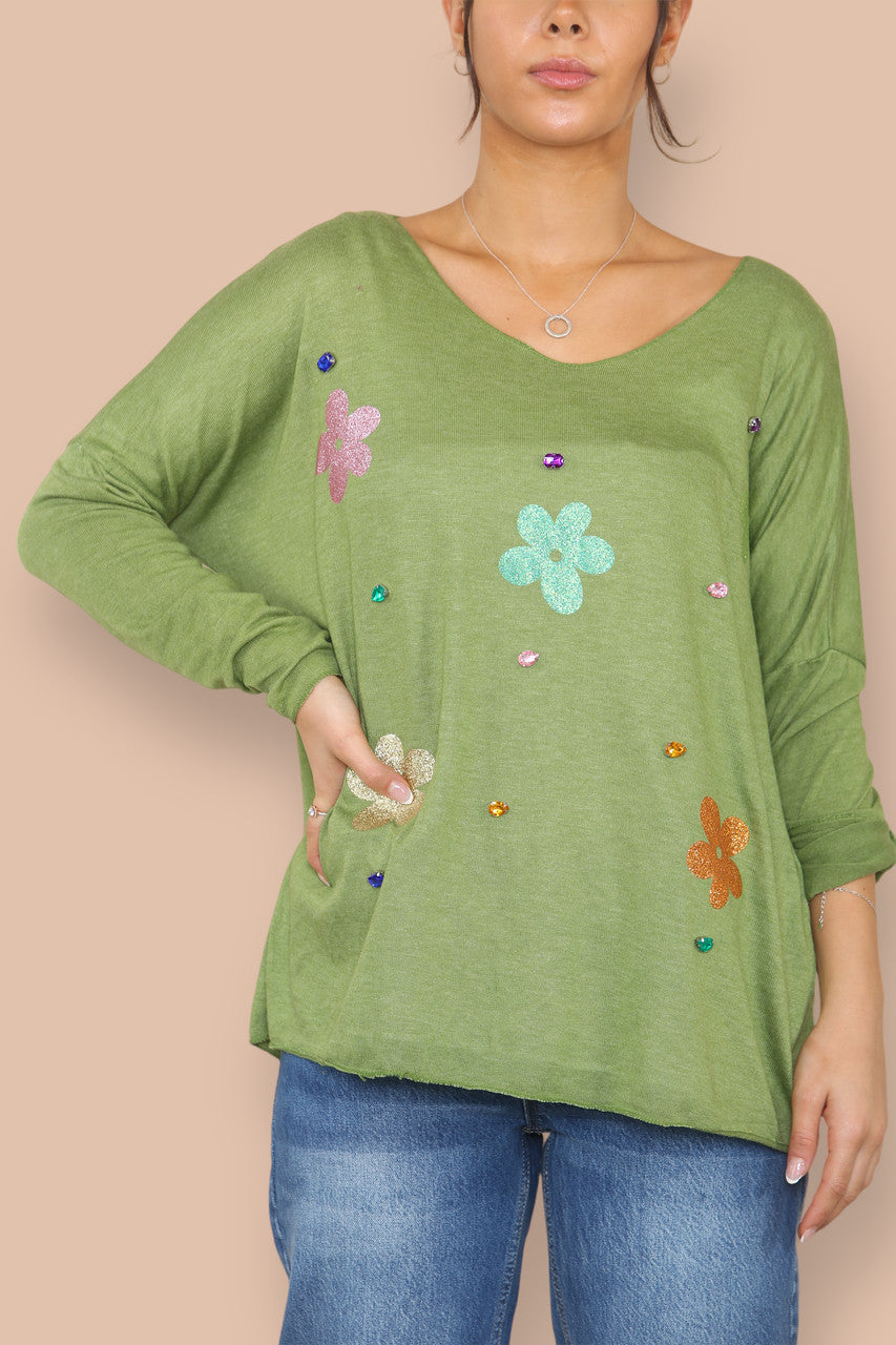 FOIL FLOWERS FINE KNIT JUMPER LIME
