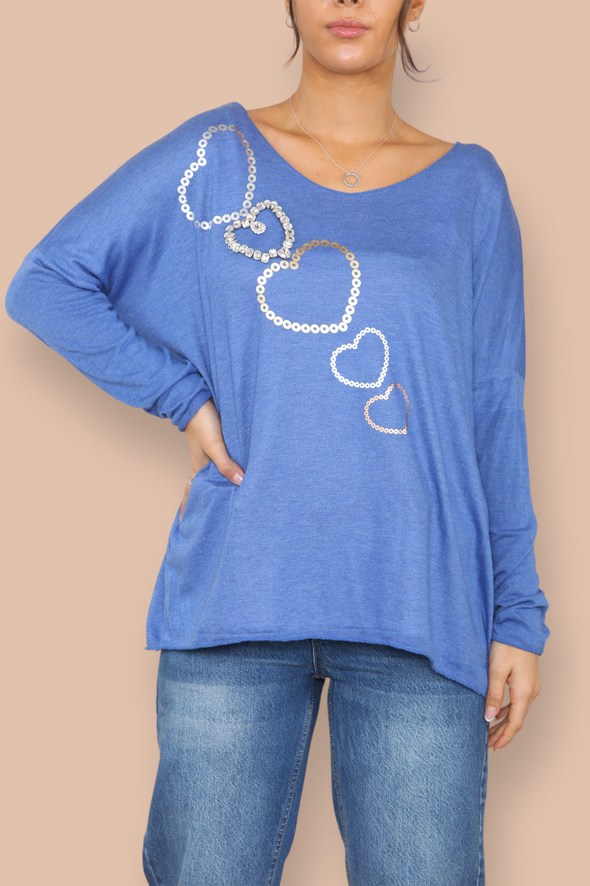 DIAMANTE SEQUIN HEART FINE KNIT JUMPER ROYAL BLUE