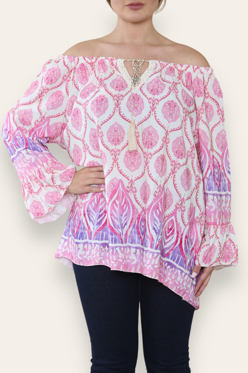 ART NOUVEAU PRINT BARDOT BLOUSE TOP CERISE