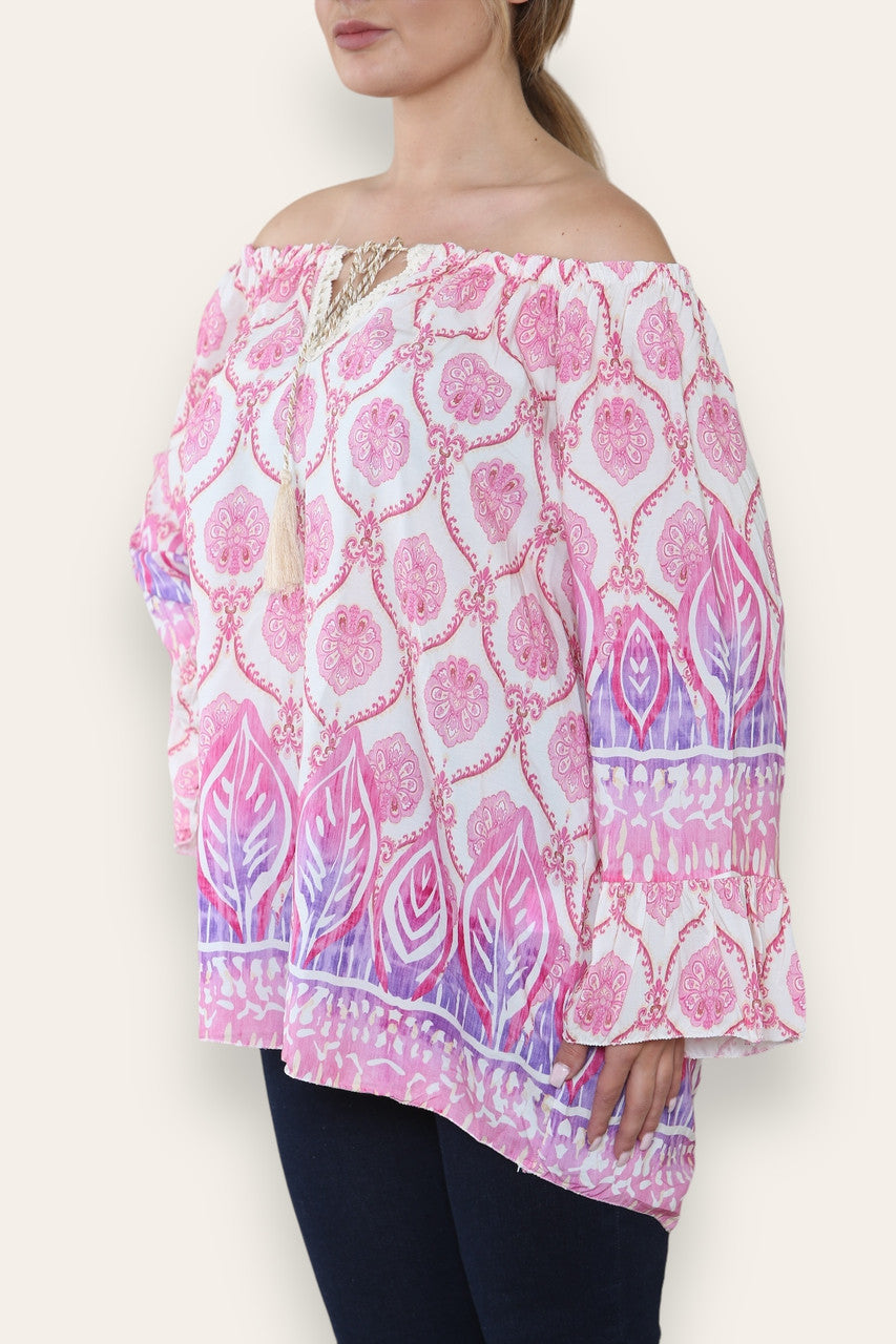 ART NOUVEAU PRINT BARDOT BLOUSE TOP CERISE