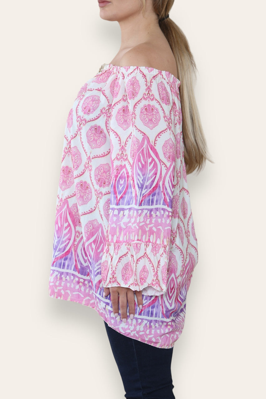 ART NOUVEAU PRINT BARDOT BLOUSE TOP CERISE