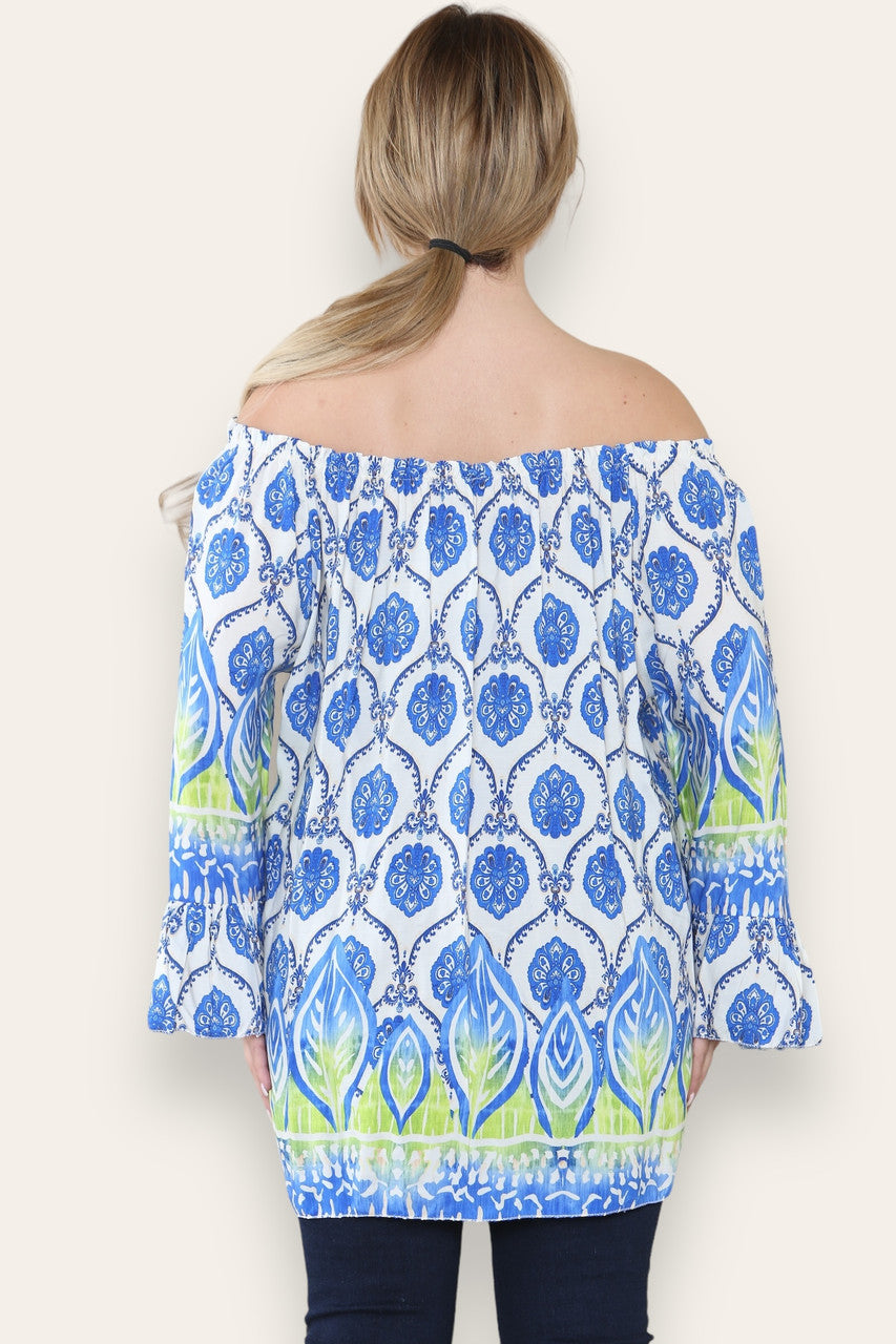 ART NOVEU PRINT BARDOT BLOUSE TOP ROYAL BLUE