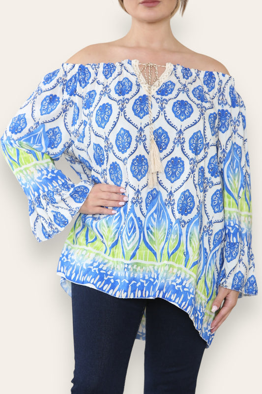 ART NOVEU PRINT BARDOT BLOUSE TOP ROYAL BLUE