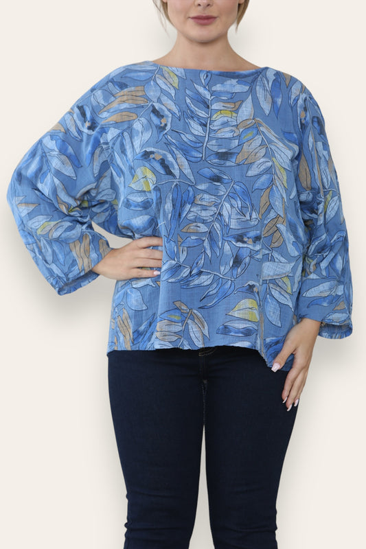 LEAF STEM PRINT TOP DENIM