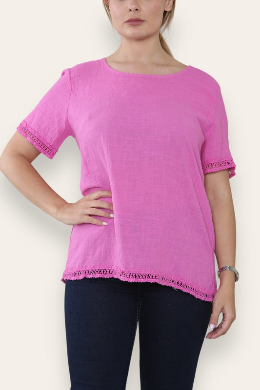 CROCHET TRIM DETAIL TOP CERISE