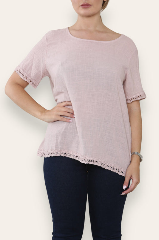 CROCHET TRIM DETAIL TOP DUSTY PINK