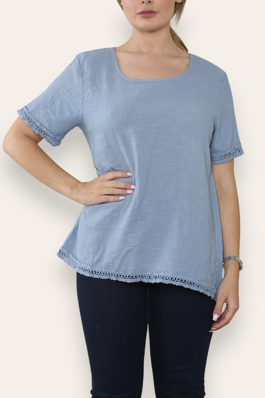 CROCHET TRIM DETAIL TOP DENIM