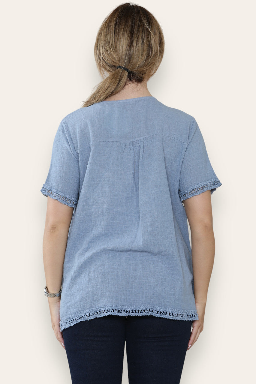 GEHAAKTE AFWERKING DETAIL TOP DENIM