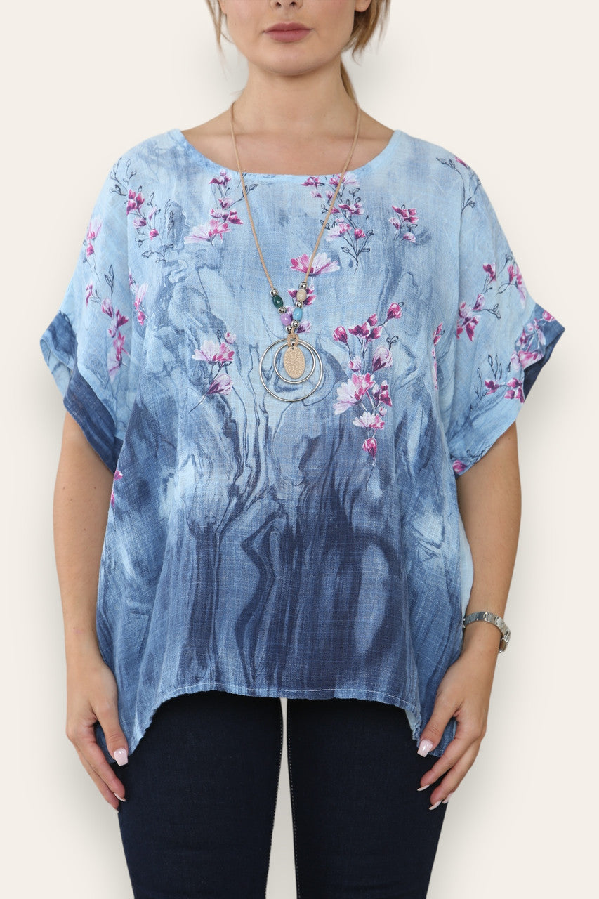 BLOSSOM FLORALE RANDPRINT TOP HEMELSBLAUW