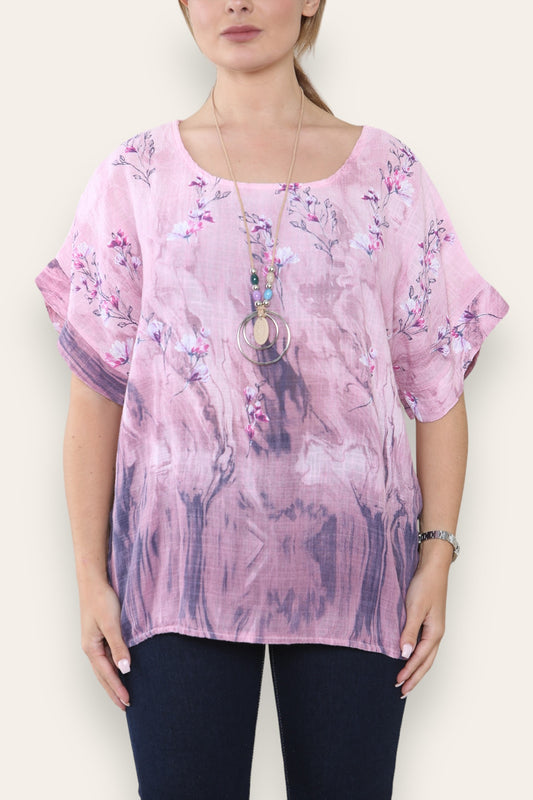 BLOSSOM FLORAL BORDER PRINT TOP PINK