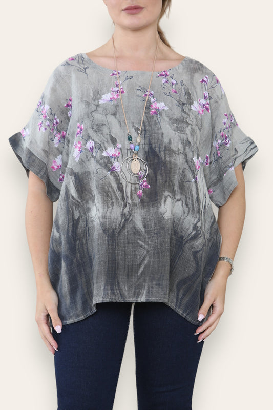 BLOSSOM FLORAL BORDER PRINT TOP TAUPE