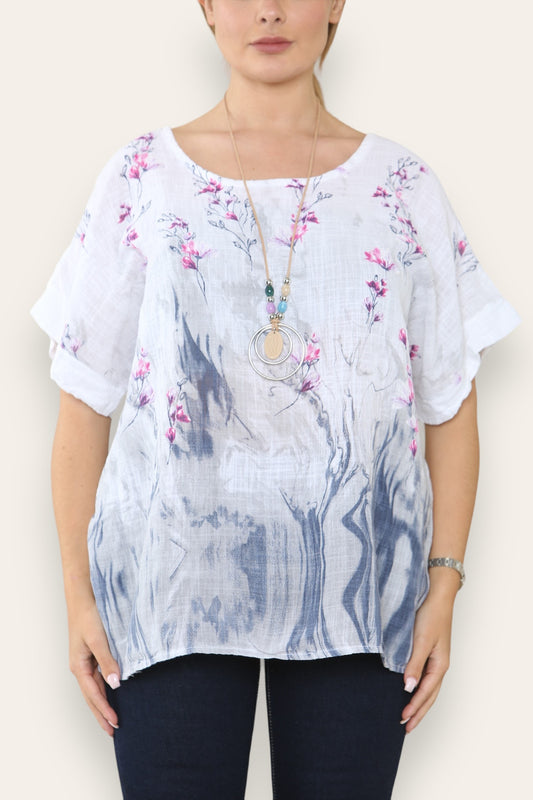 BLOSSOM FLORAL BORDER PRINT TOP WHITE