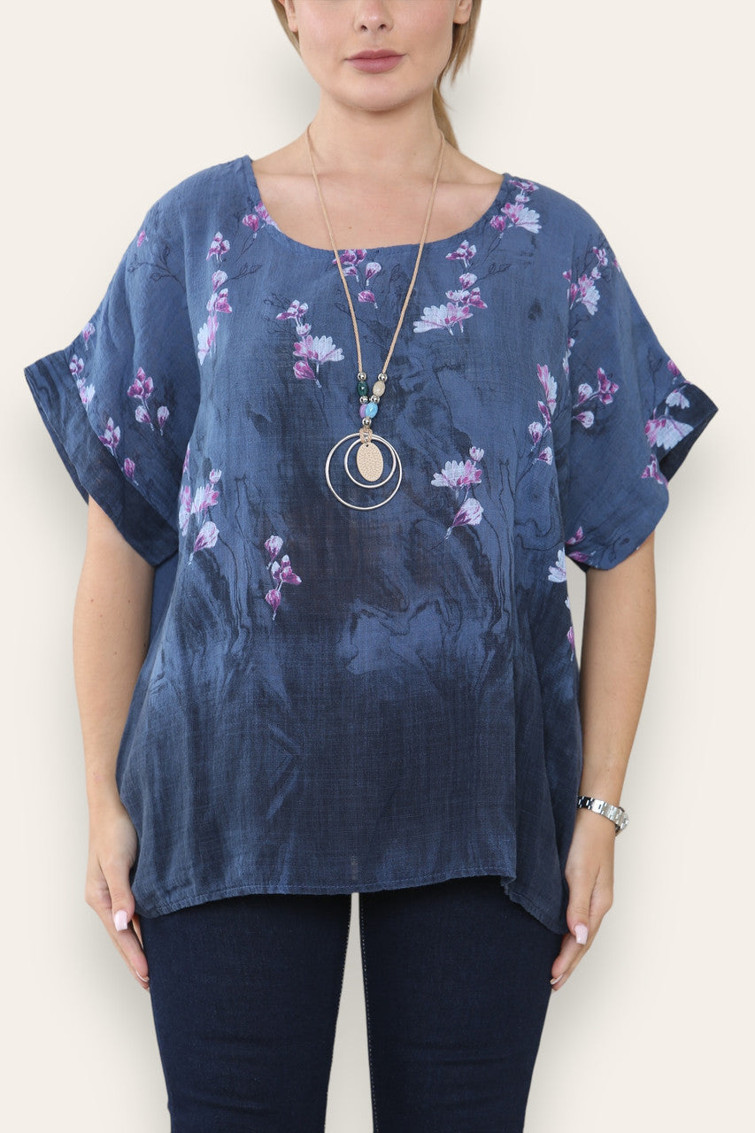 BLOESEM TOP MET BLOEMENRAND DENIM