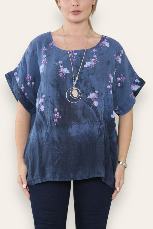 BLOSSOM FLORAL BORDER PRINT TOP DENIM