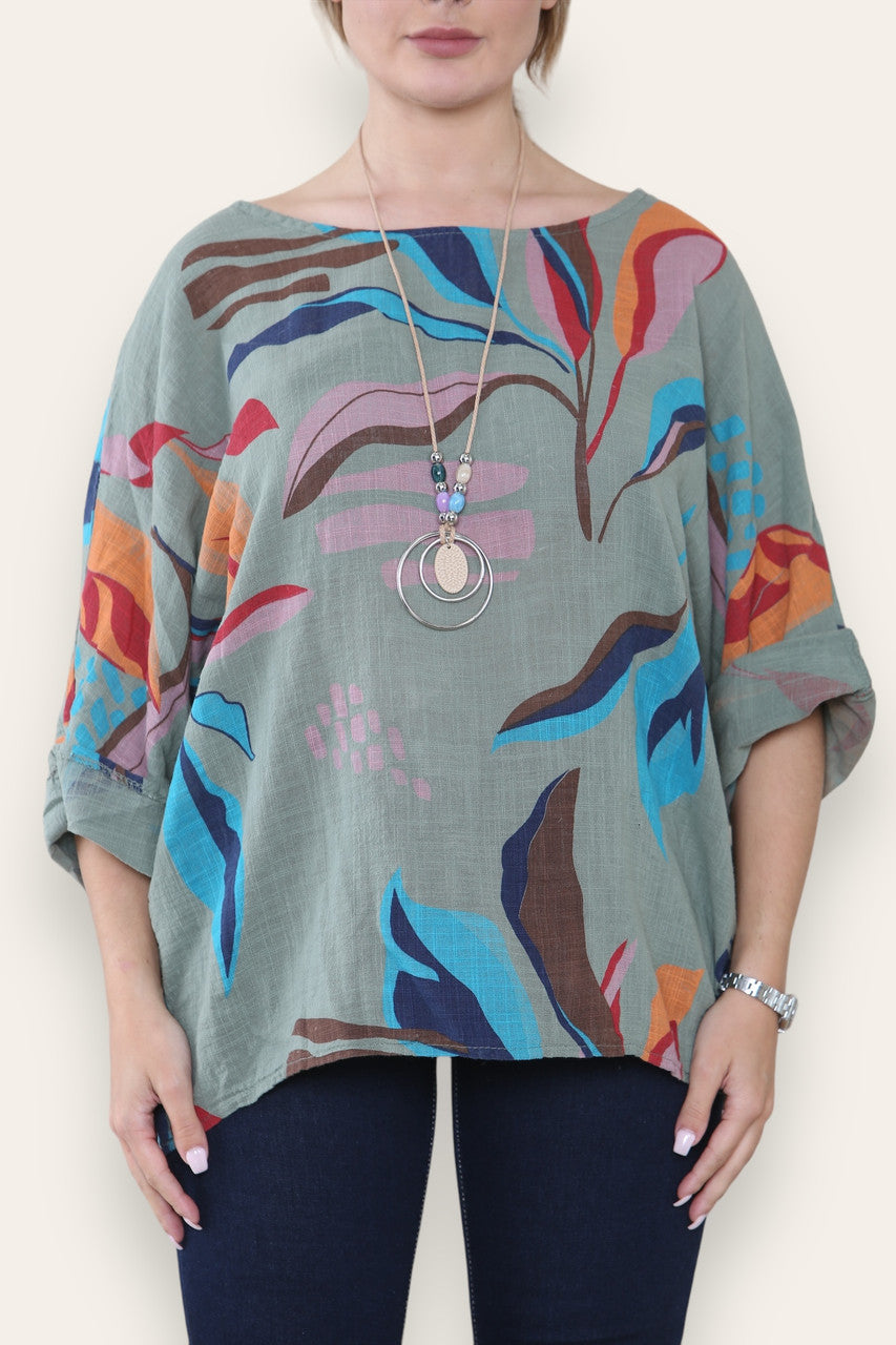 TOP MET ABSTRACTE BLADPRINT KHAKI