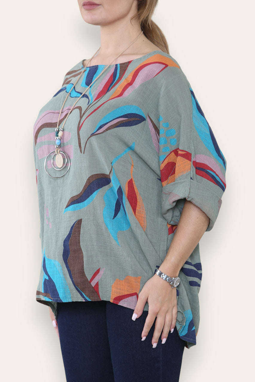 TOP MET ABSTRACTE BLADPRINT KHAKI