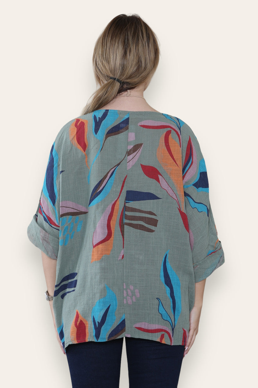 TOP MET ABSTRACTE BLADPRINT KHAKI