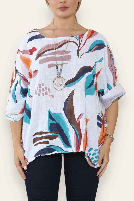 ABSTRACT LEAVES PRINT TOP WHITE