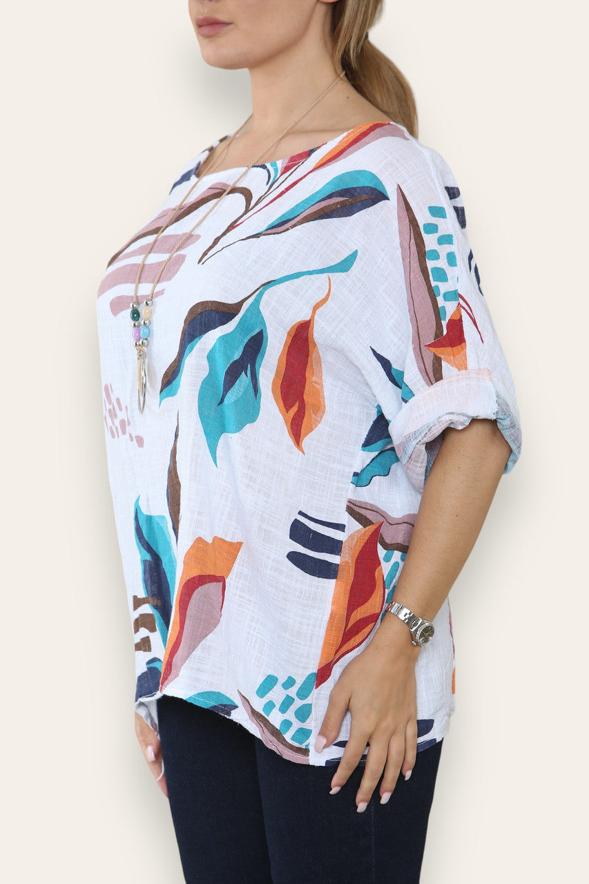 TOP MET PRINT VAN ABSTRACTE BLADEREN WIT