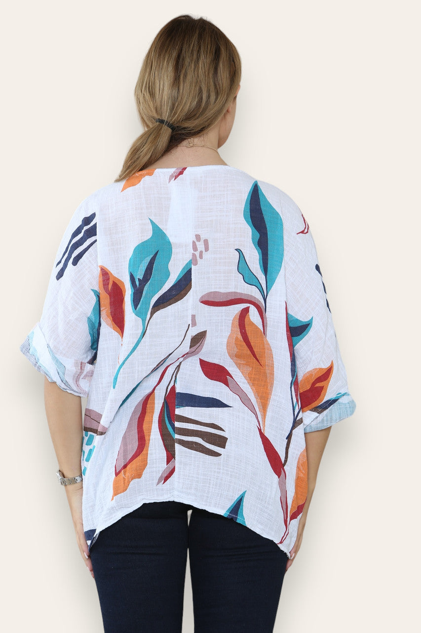 TOP MET PRINT VAN ABSTRACTE BLADEREN WIT