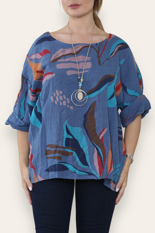 ABSTRACT LEAVES PRINT TOP DENIM