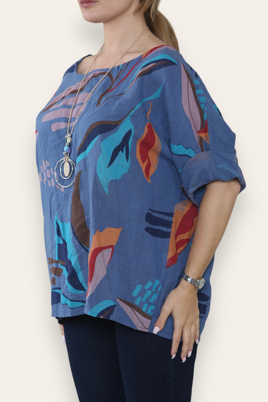 ABSTRACT BLADEREN PRINT TOP DENIM
