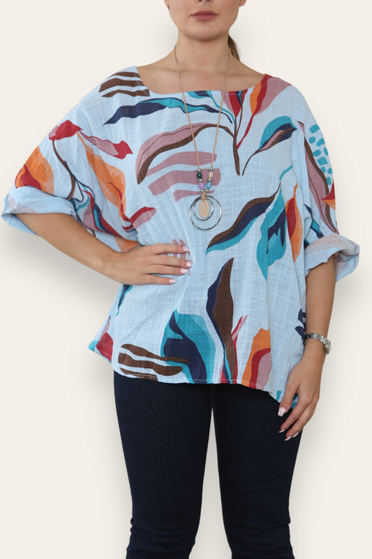 ABSTRACT LEAVES PRINT TOP SKY BLUE