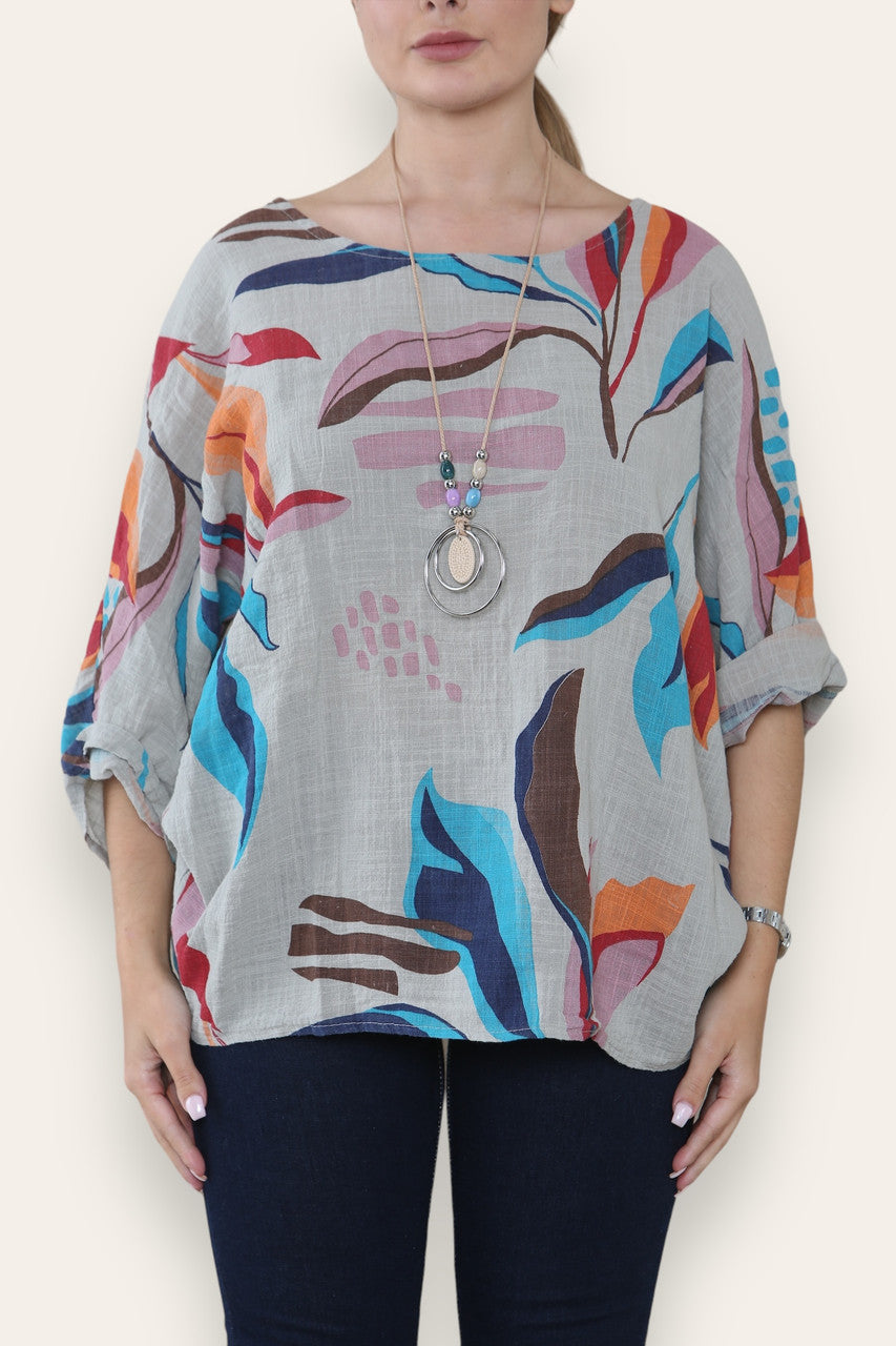 TOP MET ABSTRACTE BLADERENPRINT TAUPE