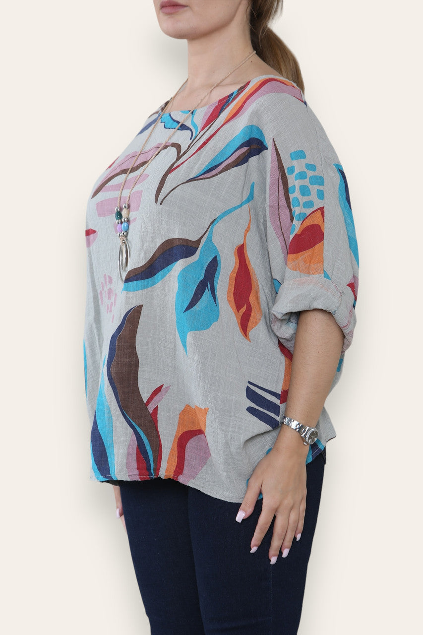 TOP MET ABSTRACTE BLADERENPRINT TAUPE
