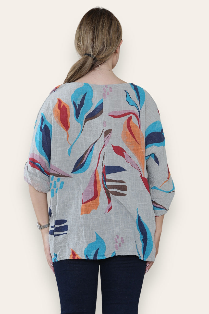 TOP MET ABSTRACTE BLADERENPRINT TAUPE