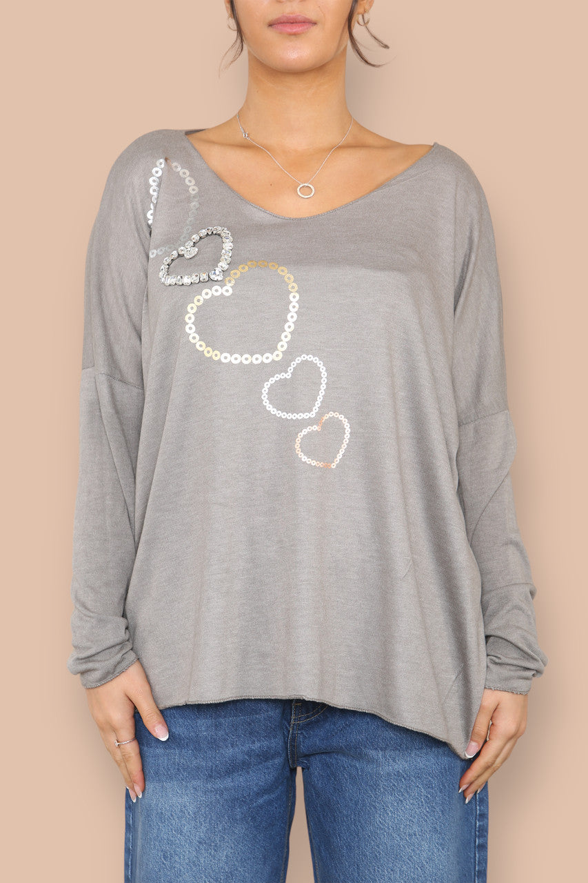 DIAMANTE SEQUIN HEART FINE KNIT JUMPER TAUPE