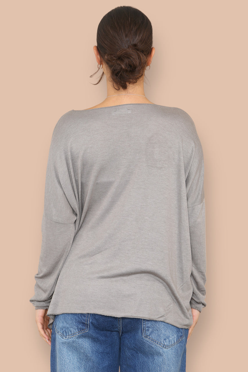 DIAMANTE SEQUIN HEART FINE KNIT JUMPER TAUPE