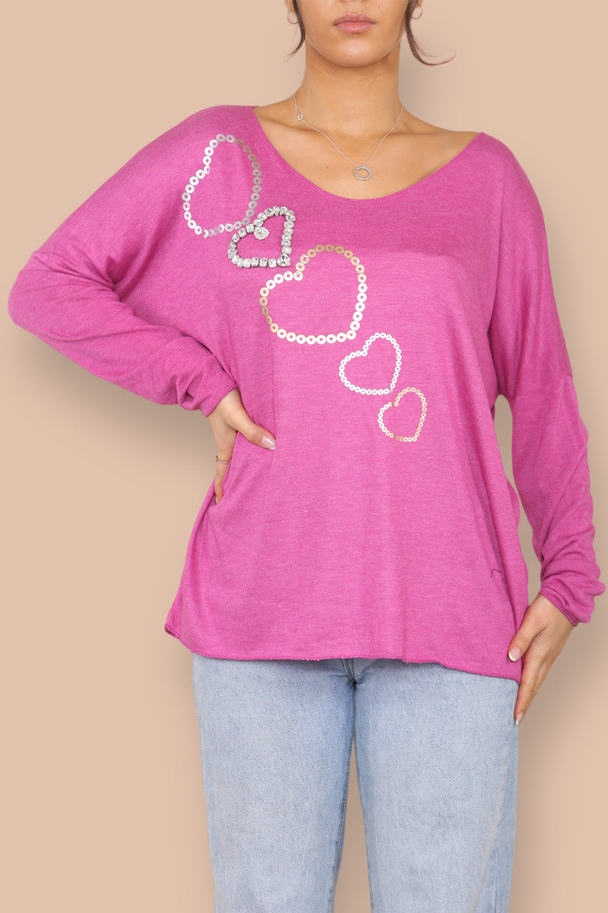 DIAMANTE SEQUIN HEART FINE KNIT JUMPER CERISE