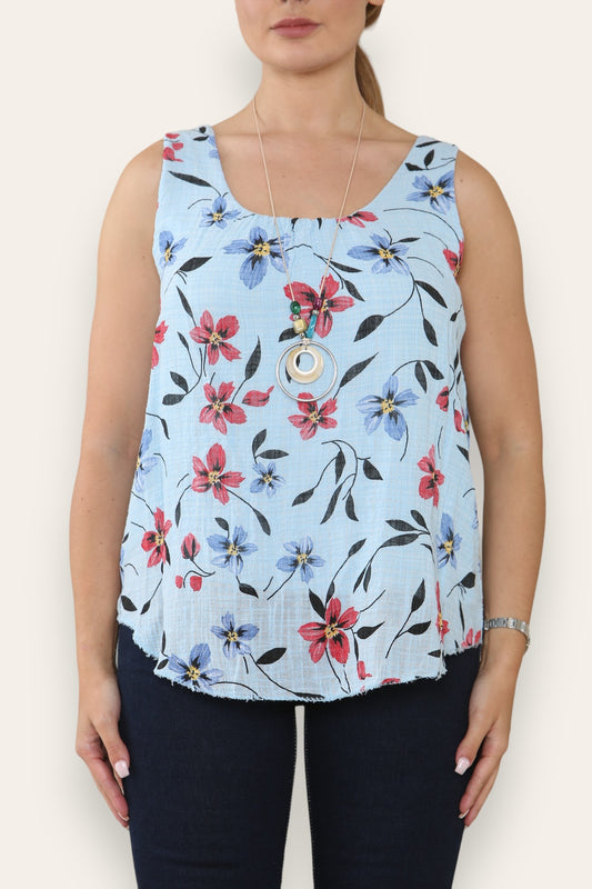 DITSY FLOWERS PRINT SLEEVELESS VEST TOP SKY BLUE