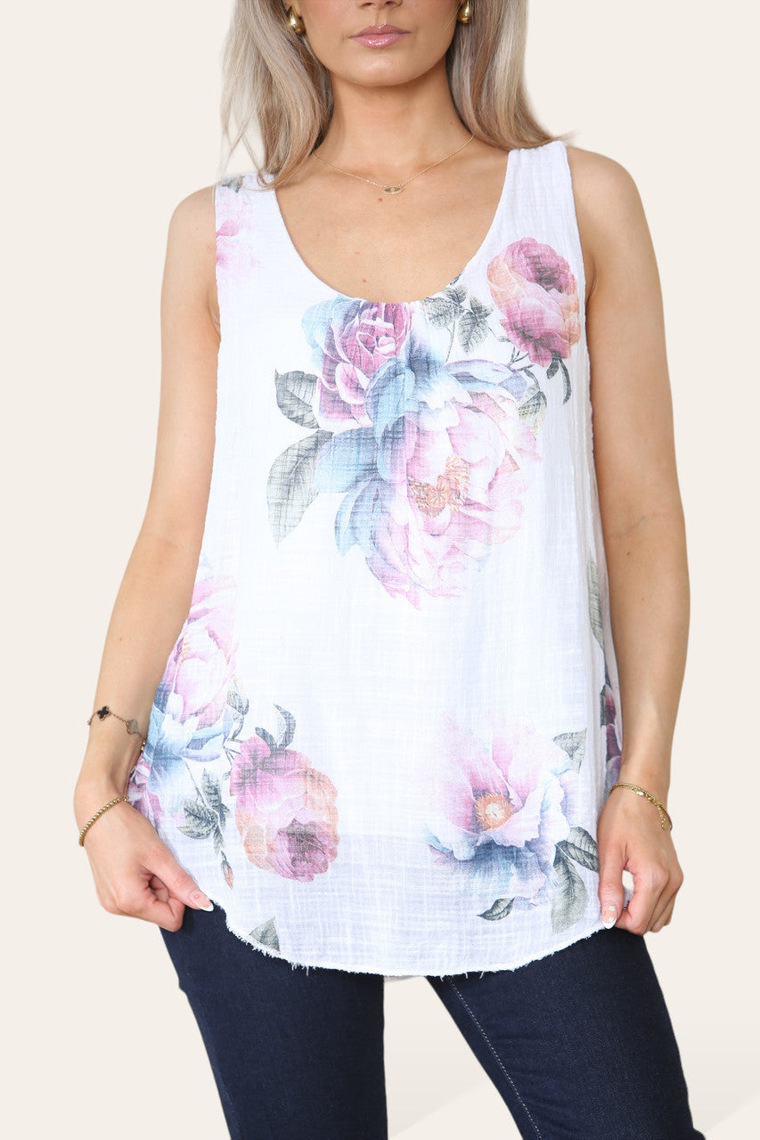 WIT MOUWLOOS VEST TOP MET PIOENROOSPRINT