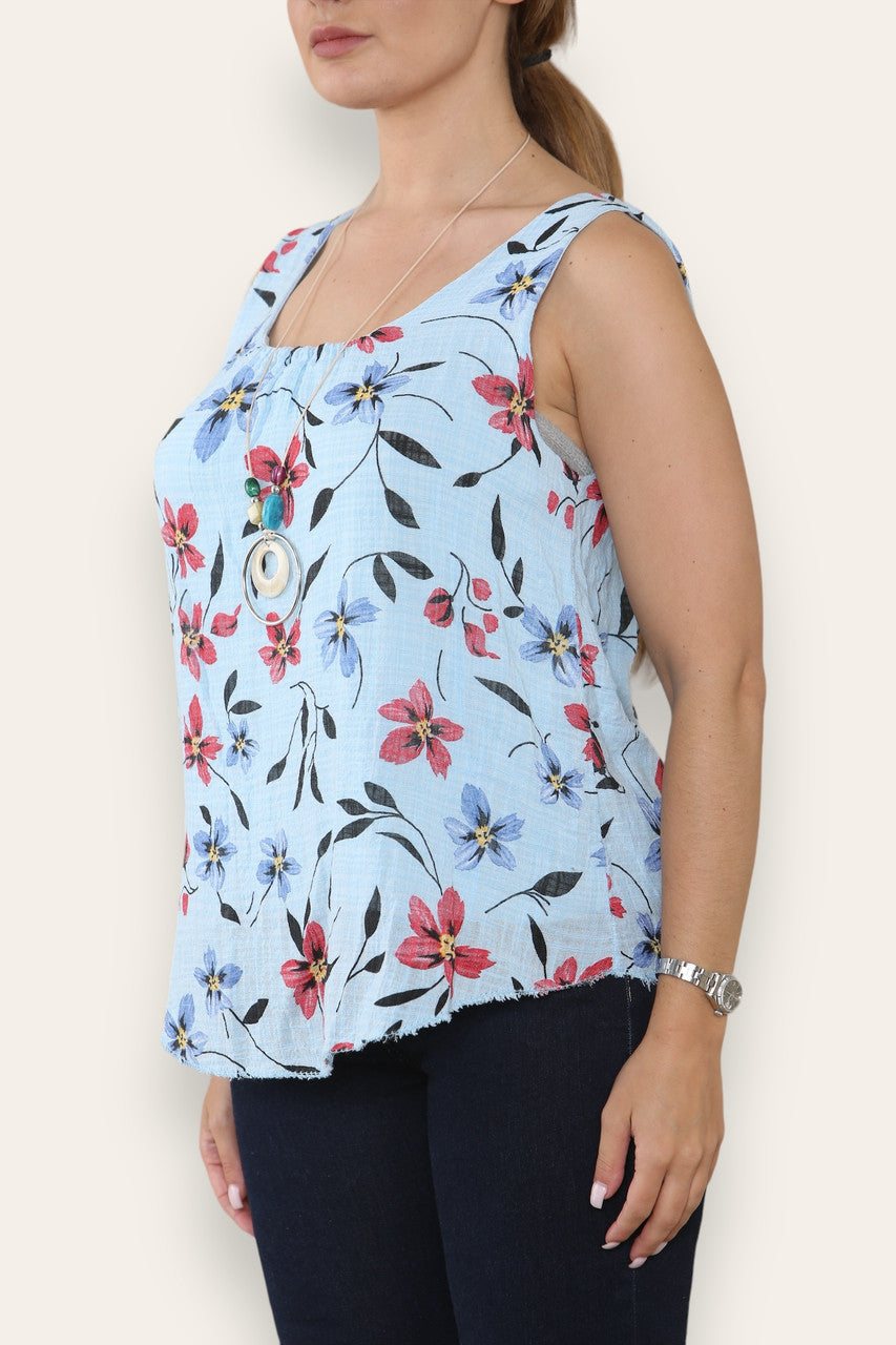 MOUWLOZE TOP MET BLOEMENPRINT – HEMELSBLAUW