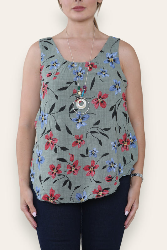 DITSY FLOWERS PRINT SLEEVELESS VEST TOP KHAKI