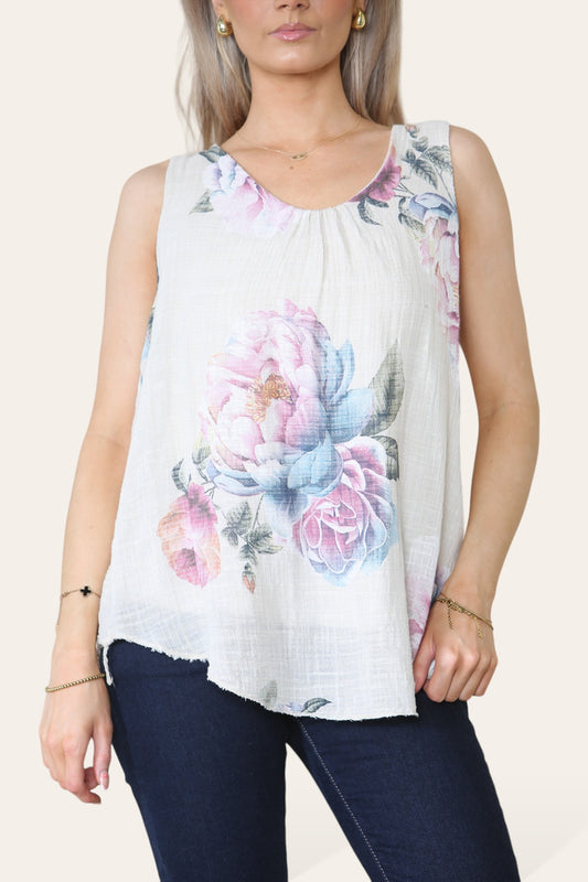 PEONY PRINT SLEEVELESS VEST TOP STONE
