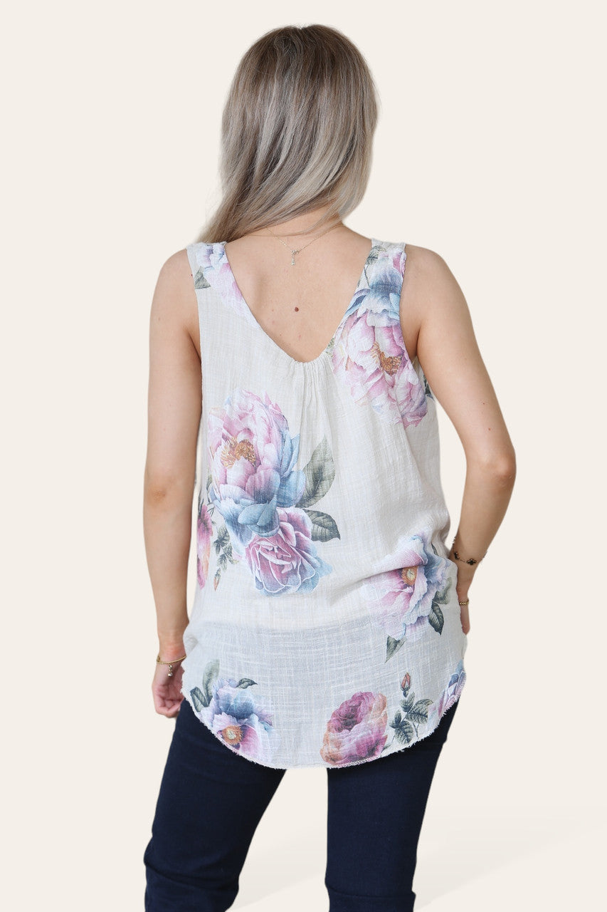 PEONY PRINT SLEEVELESS VEST TOP STONE