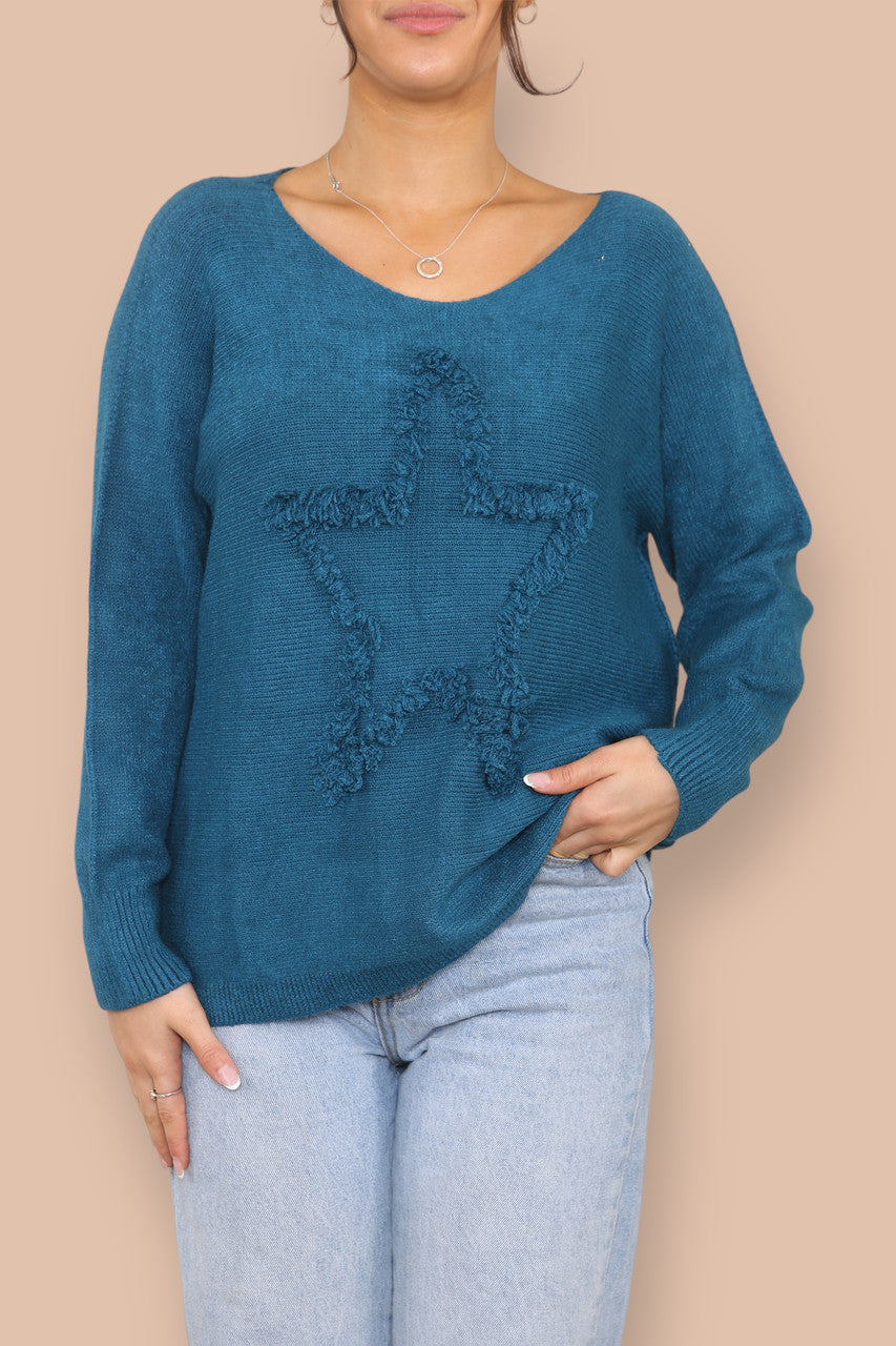 TUFTED STAR KNITTED JUMPER TEAL
