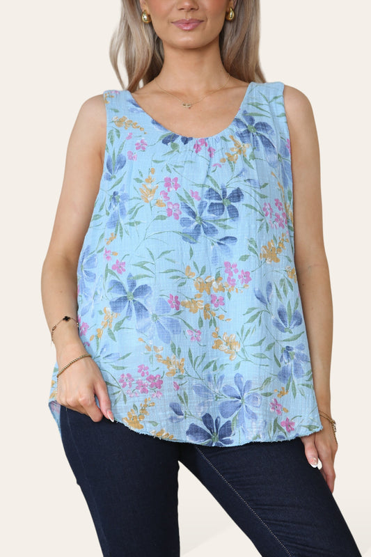 Copy of FLORAL DITSY PRINT SLEEVELESS VEST TOP LIGHT BLUE